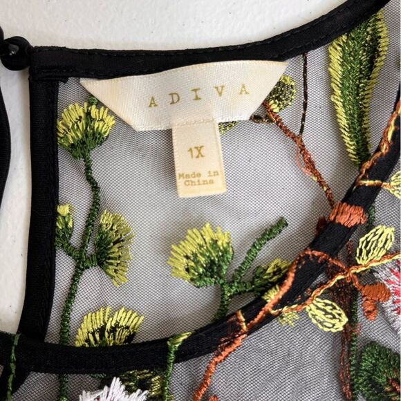 Adiva Black Netting Embroidered Floral Vine Bell Sleeve Sheer Blouse Women 1X - Picture 7 of 13